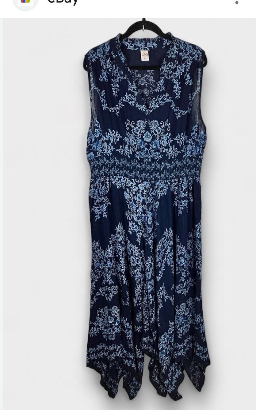 Billa XXL Navy Blue Dress All Over Floral Print Handkerchief Hem Empire Waist